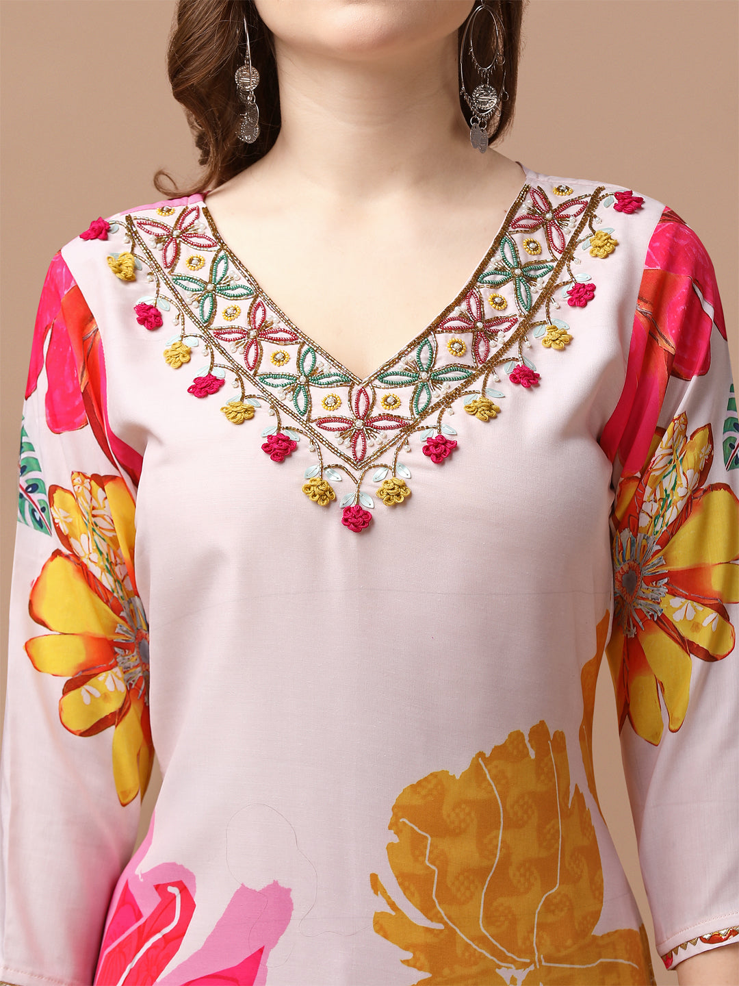 Hand embroidered Floral printed Muslin Kurta pant & dupatta