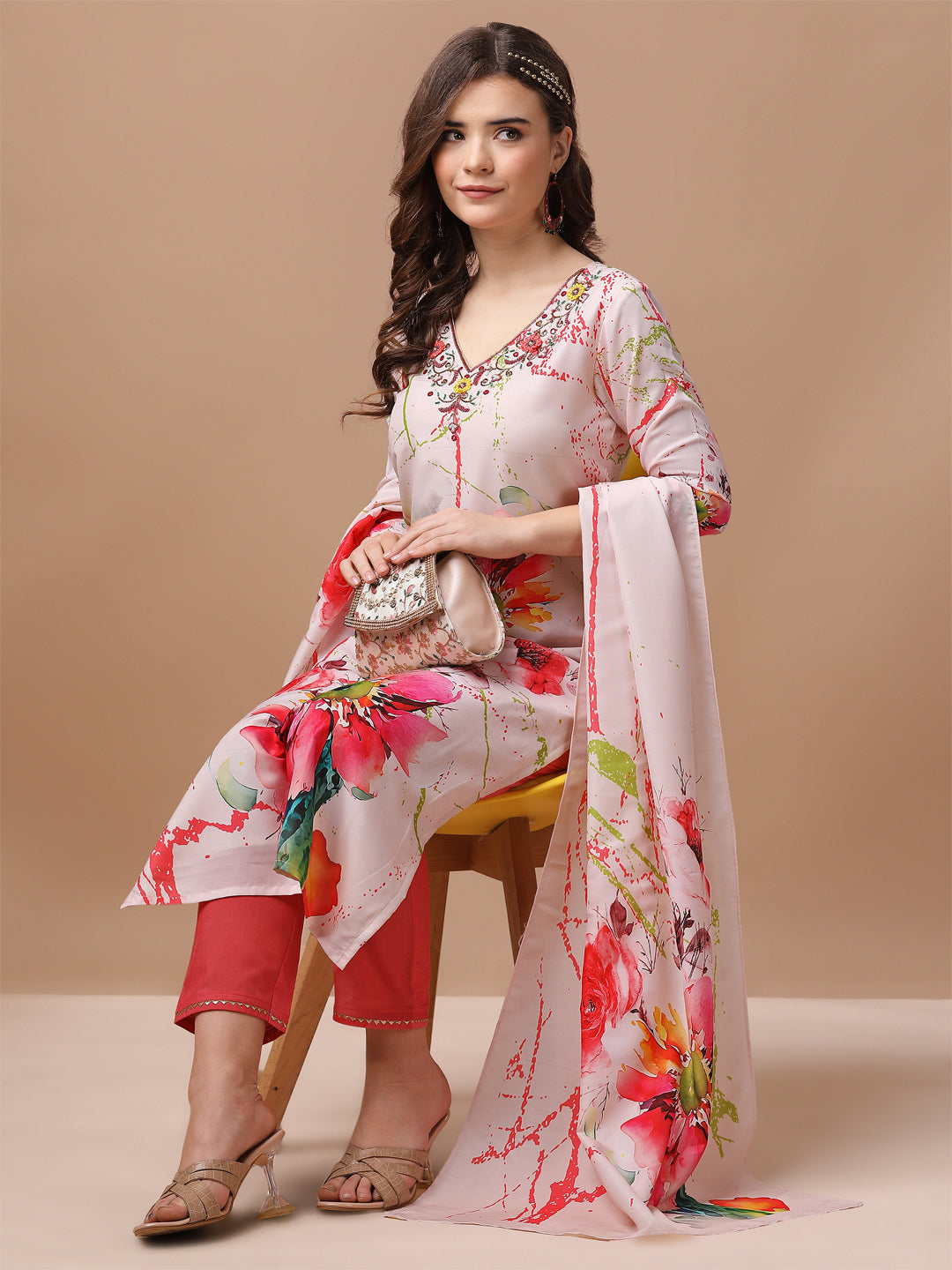 Hand Embroidered Floral Printed Muslin Kurta with pant & dupatta