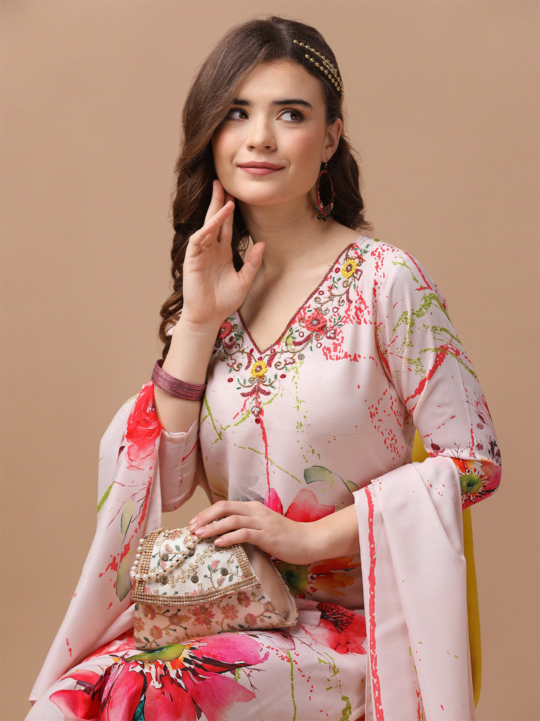 Hand Embroidered Floral Printed Muslin Kurta with pant & dupatta