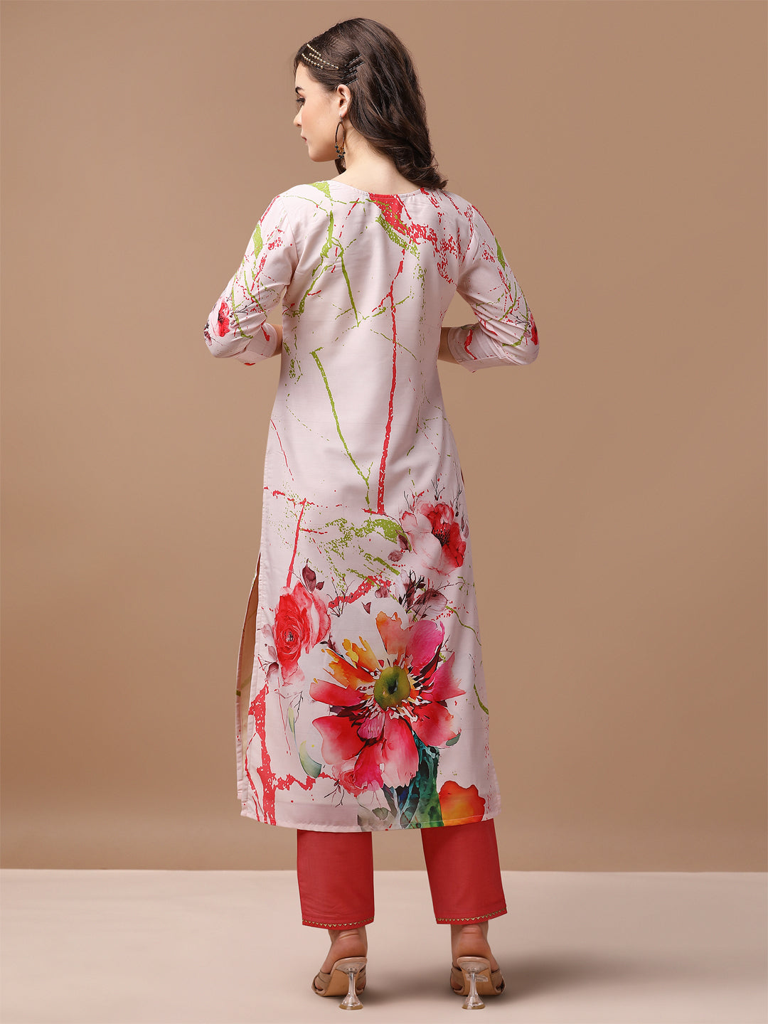 Hand Embroidered Floral Printed Muslin Kurta with pant & dupatta