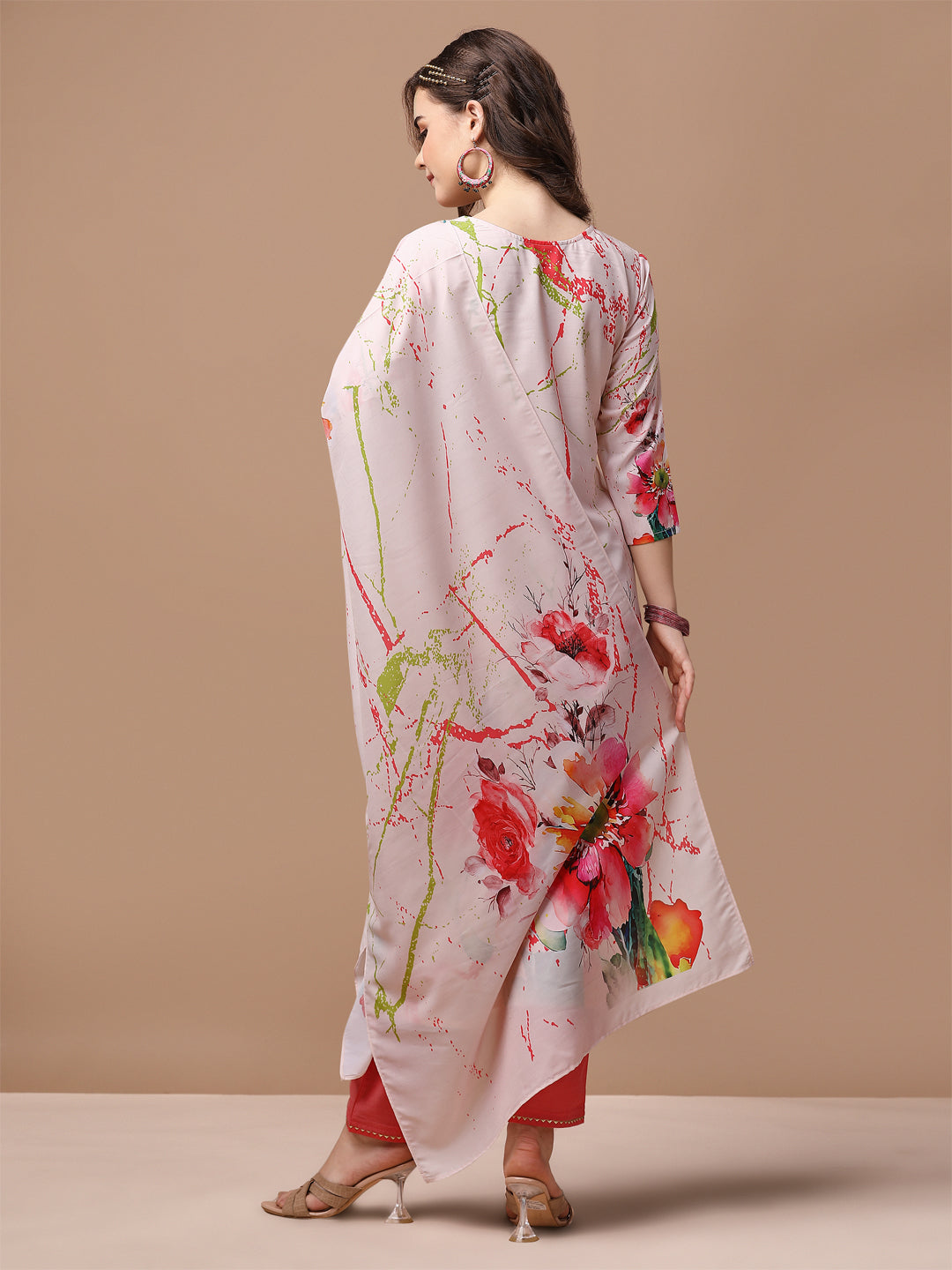 Hand Embroidered Floral Printed Muslin Kurta with pant & dupatta