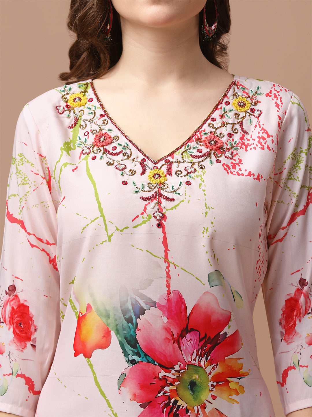 Hand Embroidered Floral Printed Muslin Kurta with pant & dupatta