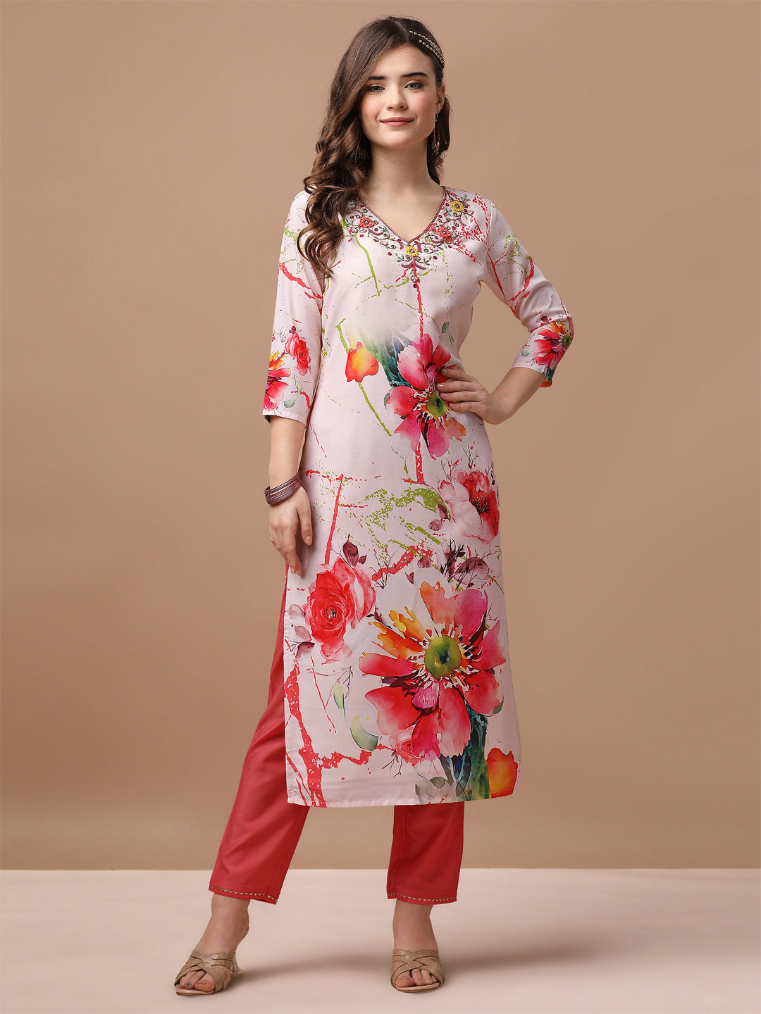 Hand Embroidered Floral Printed Muslin Kurta with pant & dupatta