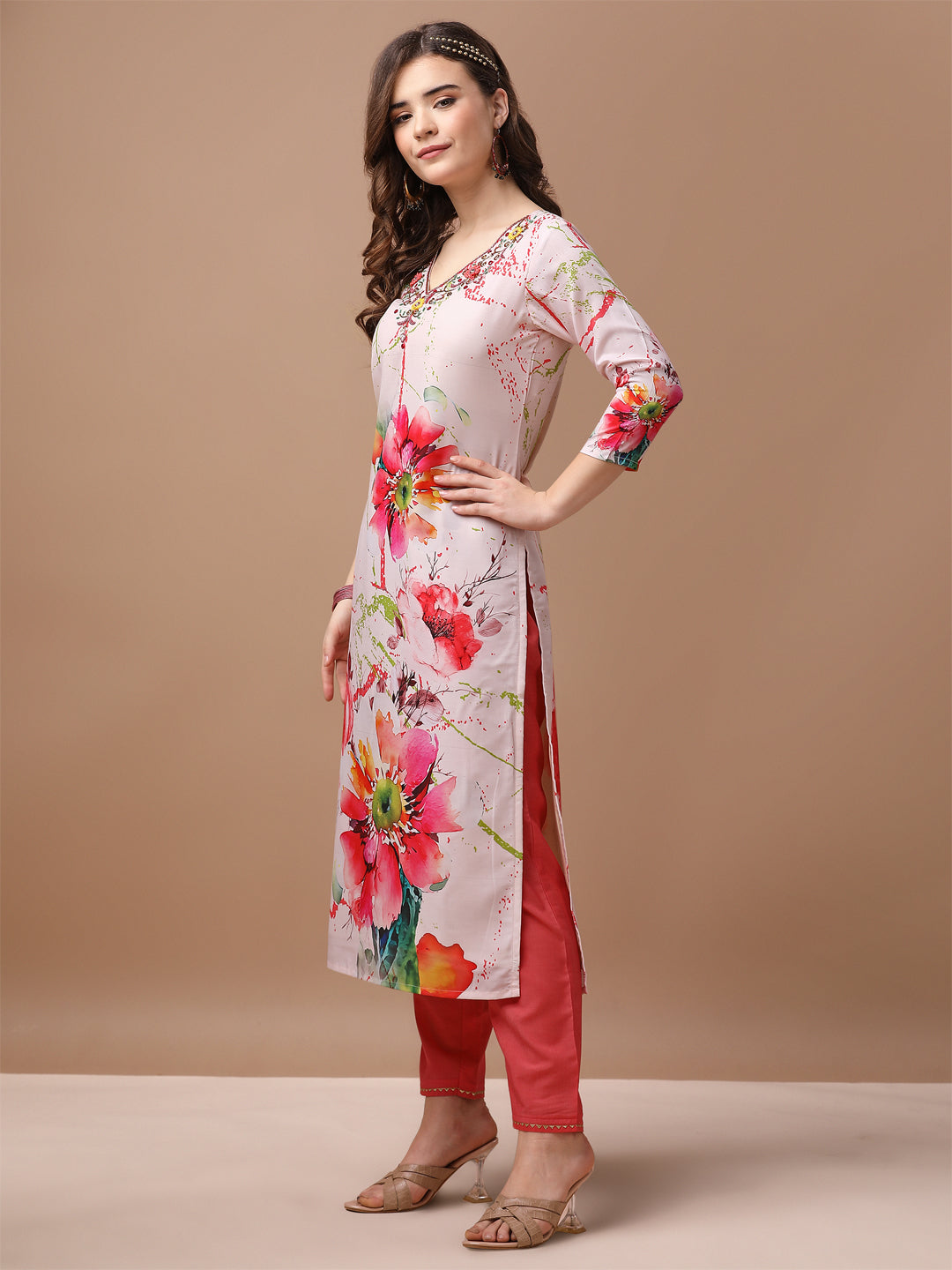 Hand Embroidered Floral Printed Muslin Kurta with pant & dupatta