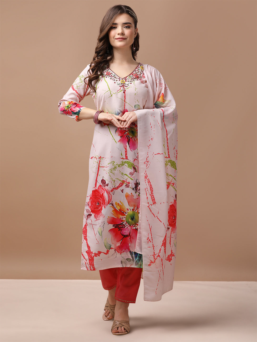 Hand Embroidered Floral Printed Muslin Kurta with pant & dupatta