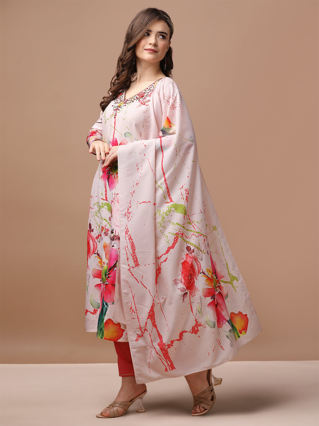 Hand Embroidered Floral Printed Muslin Kurta with pant & dupatta