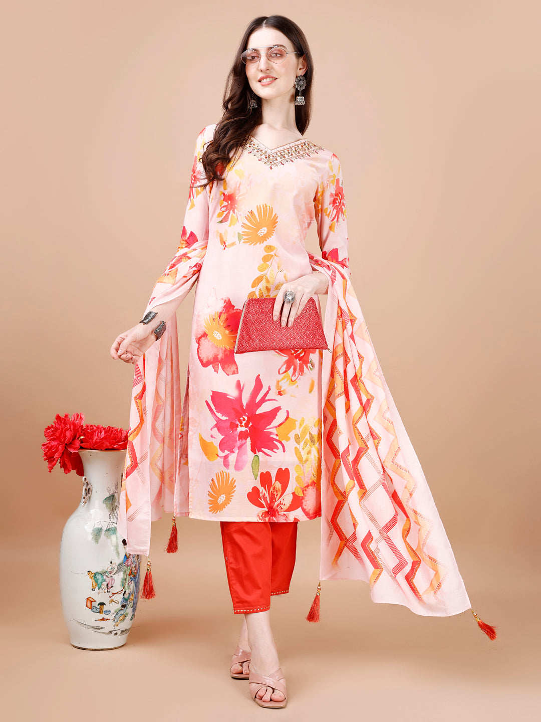 Hand Embroidered Floral Printed Muslin Kurta with pant & dupatta