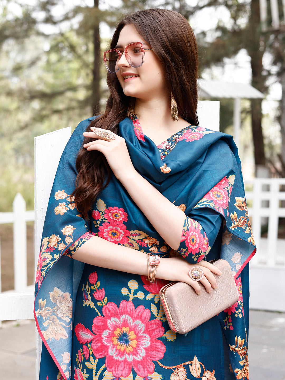 Hand embroidered Floral printed Muslin Kurta with pant & dupatta