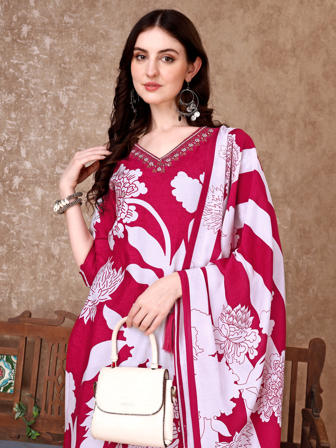 Hand Embroidered & Floral Printed Pure Silk Kurta with Pant & Dupatta