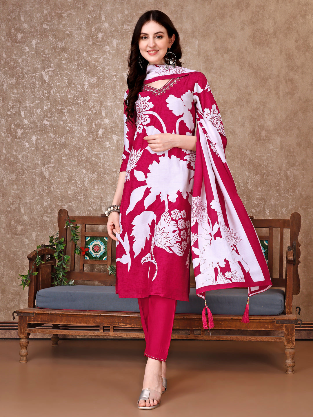 Hand Embroidered & Floral Printed Pure Silk Kurta with Pant & Dupatta