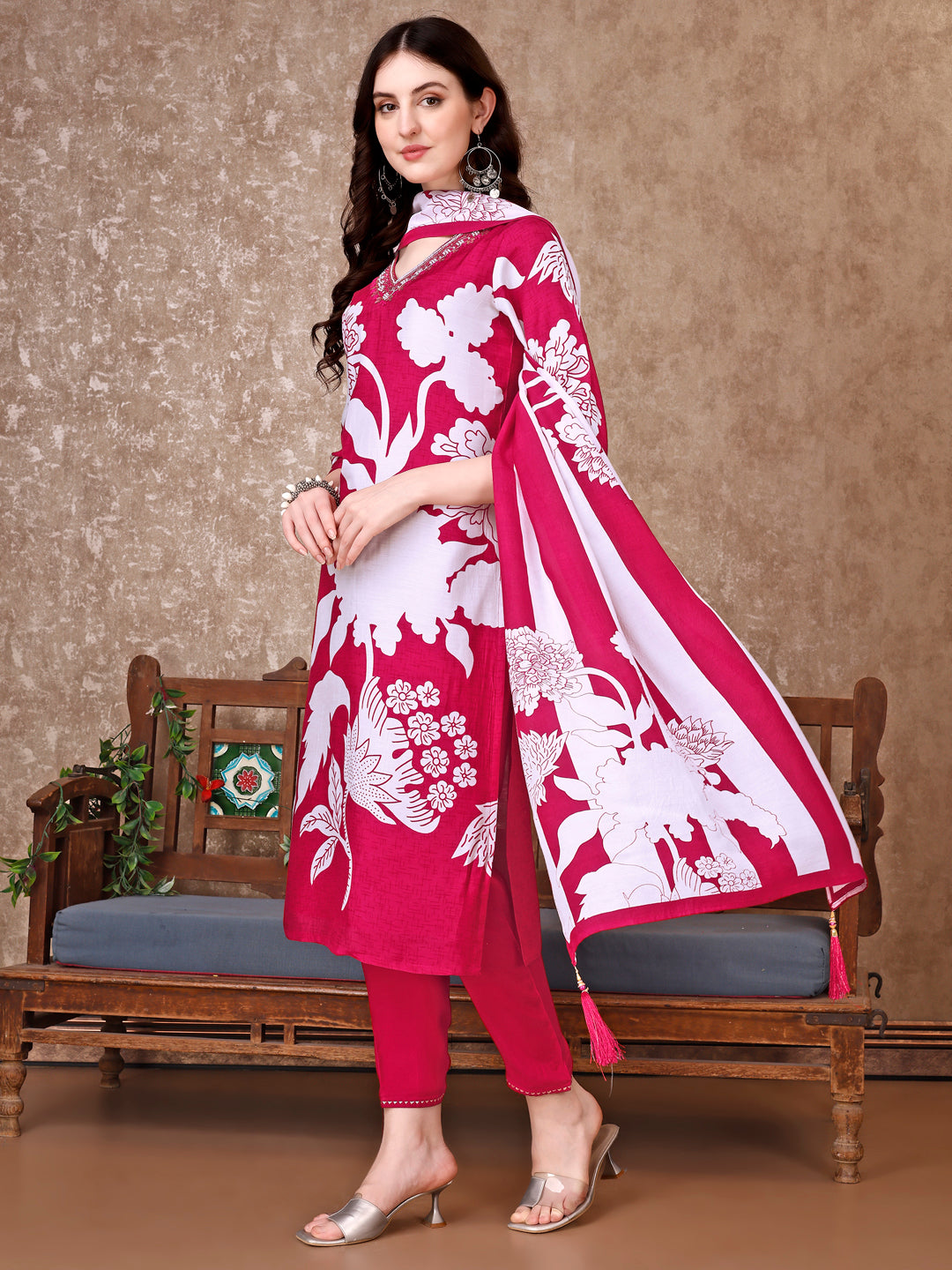 Hand Embroidered & Floral Printed Pure Silk Kurta with Pant & Dupatta