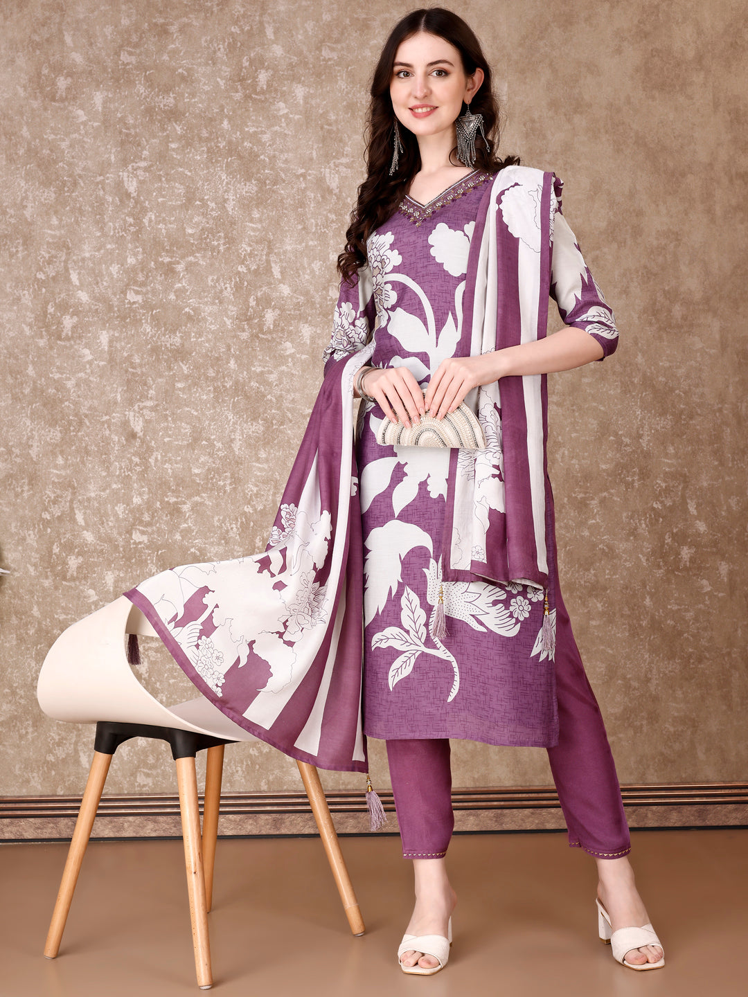 Hand Embroidered & Floral Printed Pure Silk Kurta with Pant & Dupatta