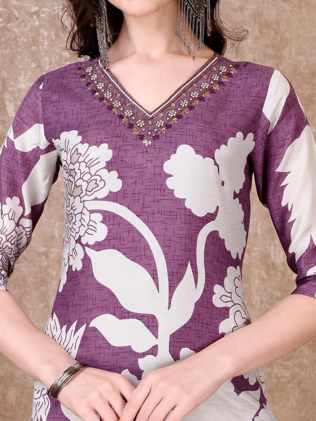 Hand Embroidered & Floral Printed Pure Silk Kurta with Pant & Dupatta