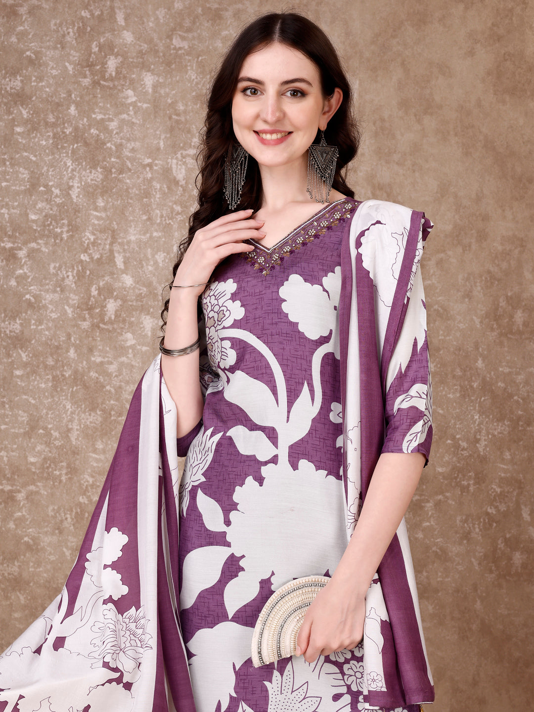 Hand Embroidered & Floral Printed Pure Silk Kurta with Pant & Dupatta