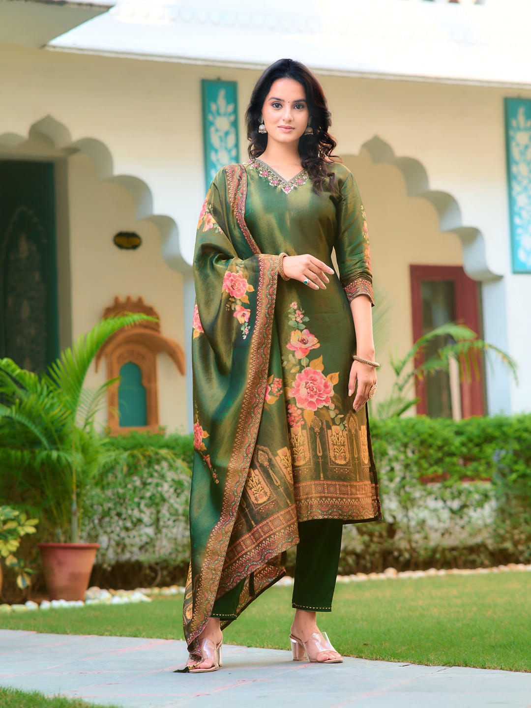 Hand Embroidered & Printed Pure Silk Kurta with pant & Printed Dupatta