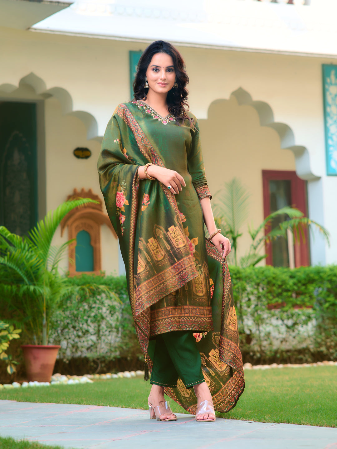 Hand Embroidered & Printed Pure Silk Kurta with pant & Printed Dupatta