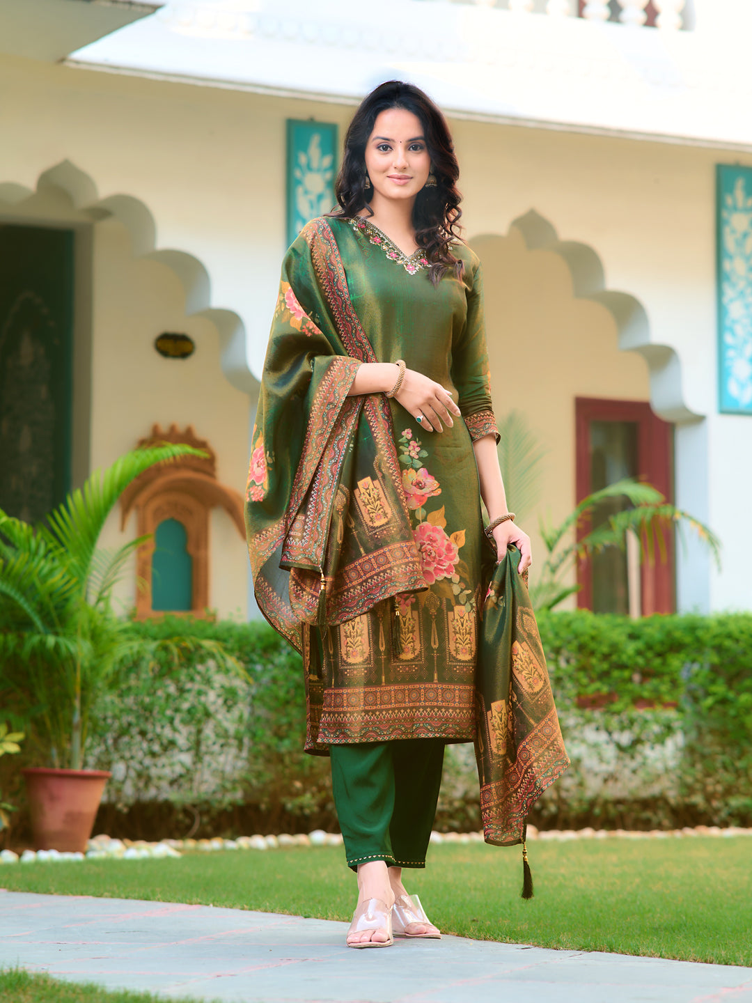 Hand Embroidered & Printed Pure Silk Kurta with pant & Printed Dupatta