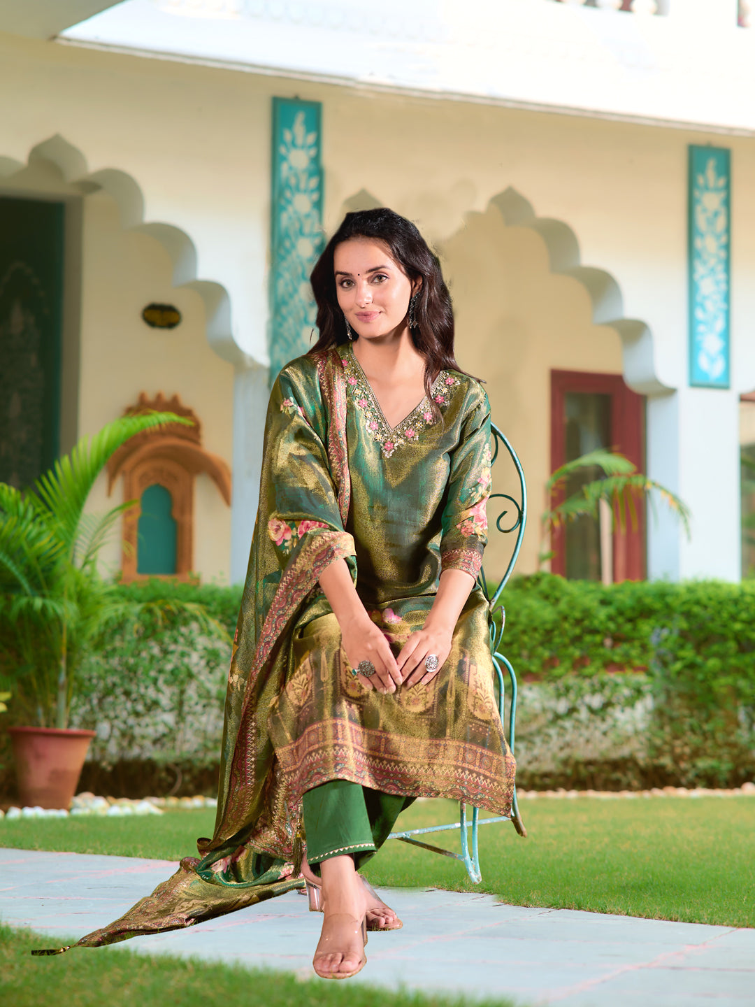 Hand Embroidered & Printed Pure Silk Kurta with pant & Printed Dupatta