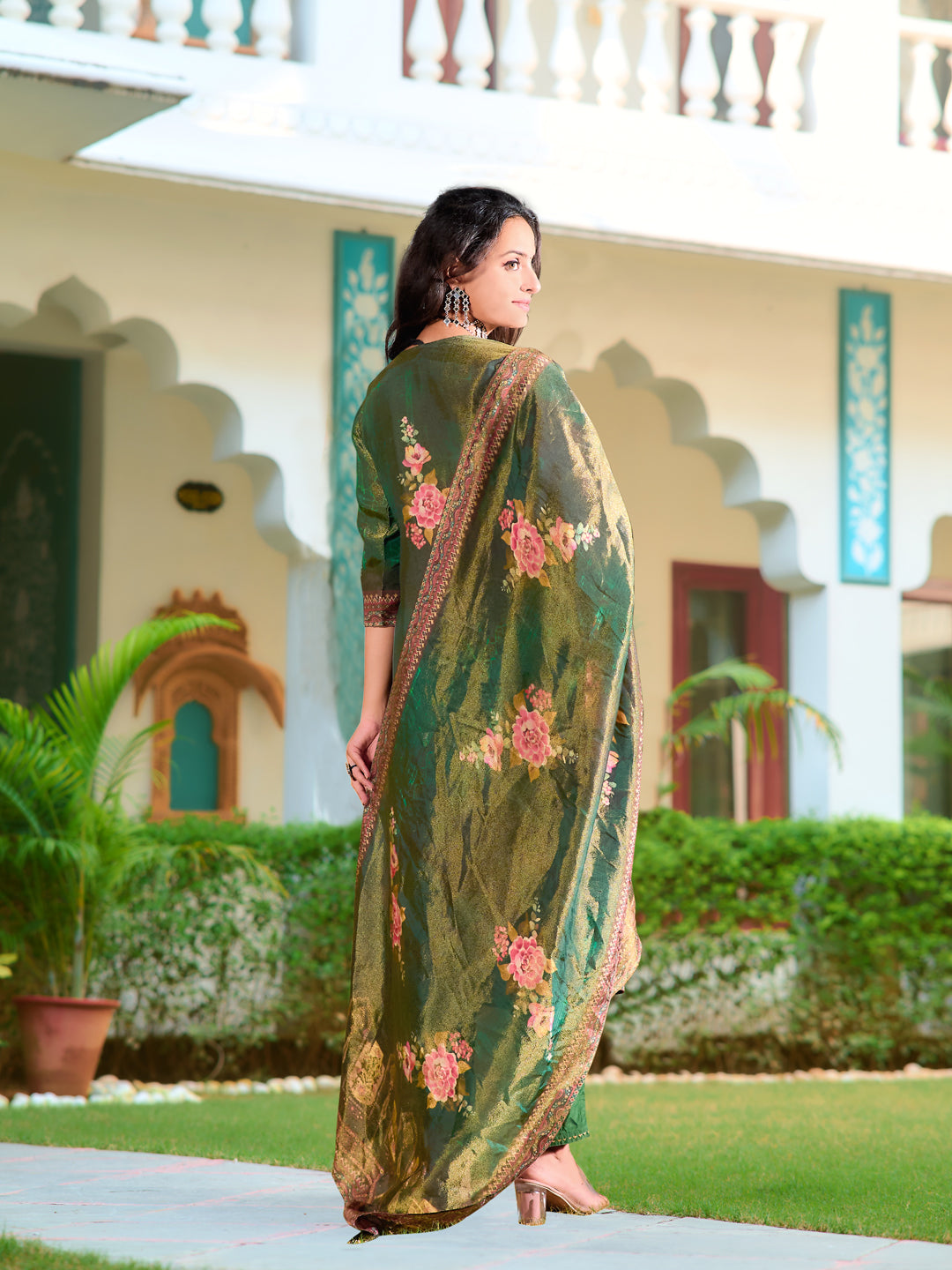 Hand Embroidered & Printed Pure Silk Kurta with pant & Printed Dupatta