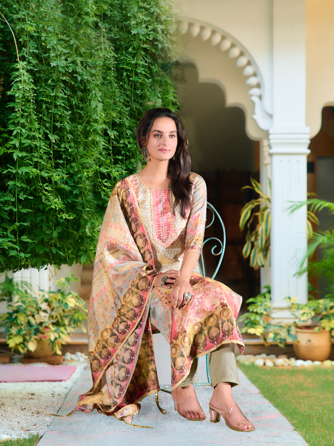 Hand Embroidered & Printed Pure Silk Kurta with pant & Printed Dupatta