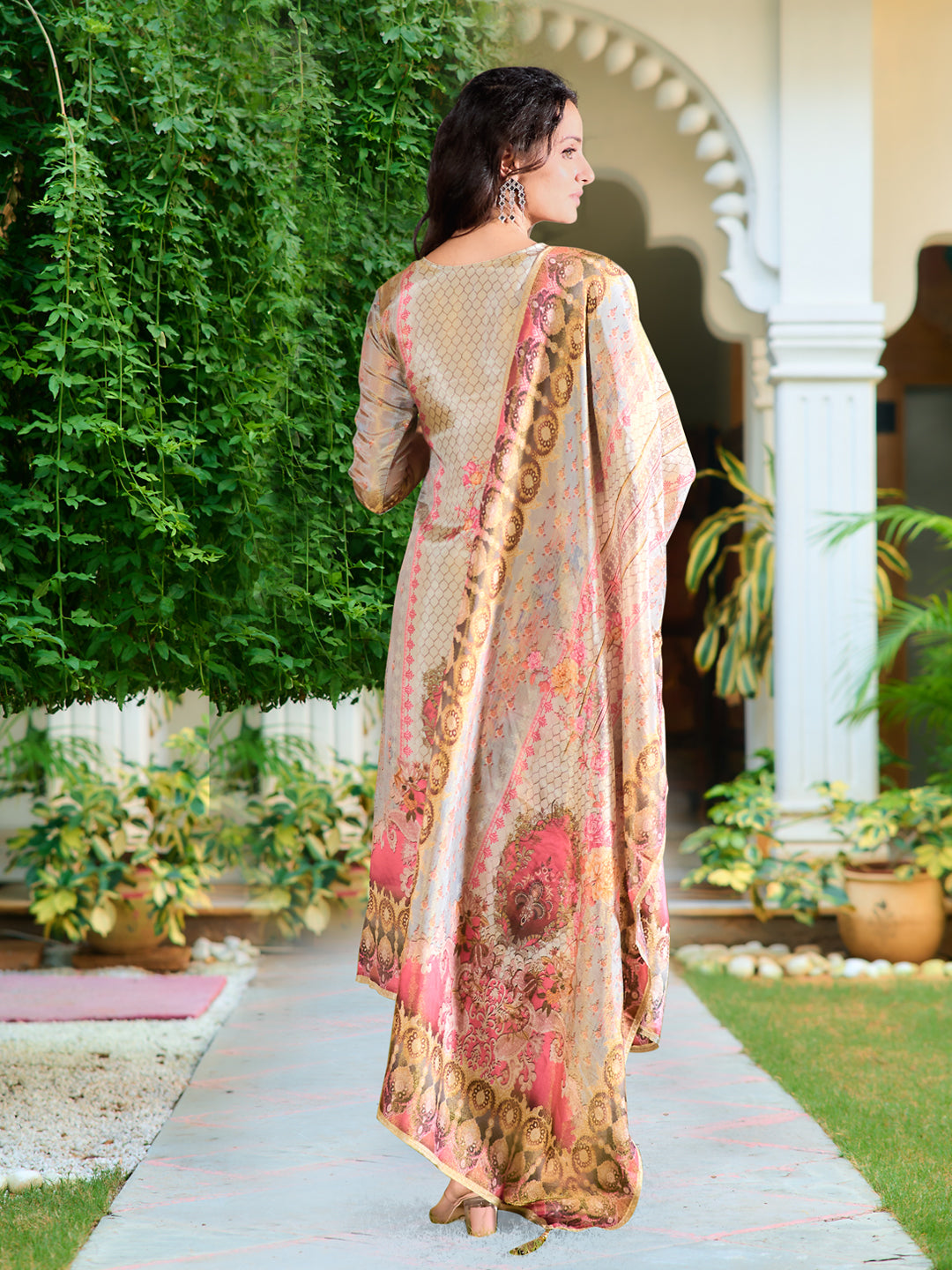 Hand Embroidered & Printed Pure Silk Kurta with pant & Printed Dupatta