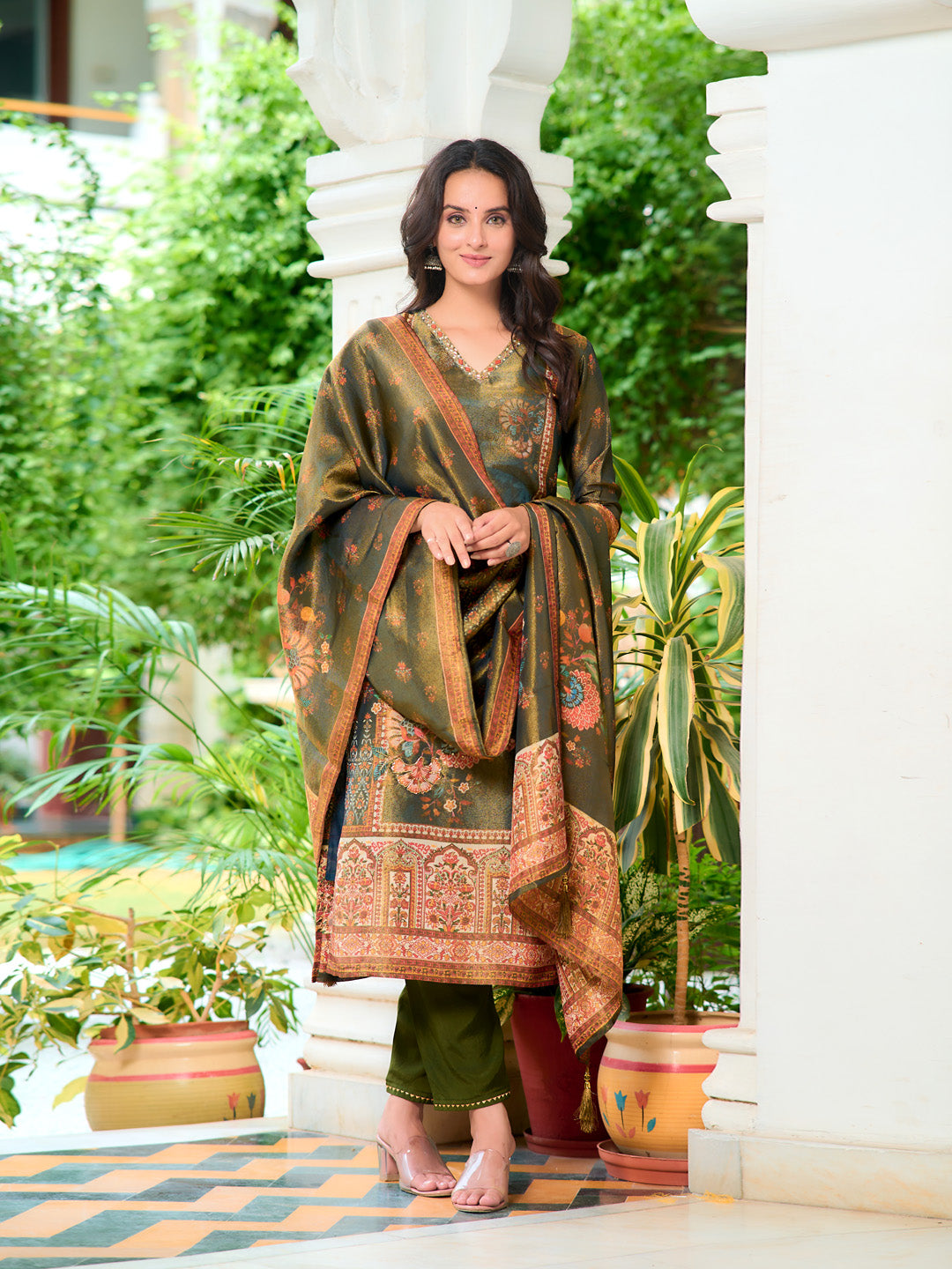 Hand Embroidered & Printed Pure Silk Kurta with pant & Printed Dupatta