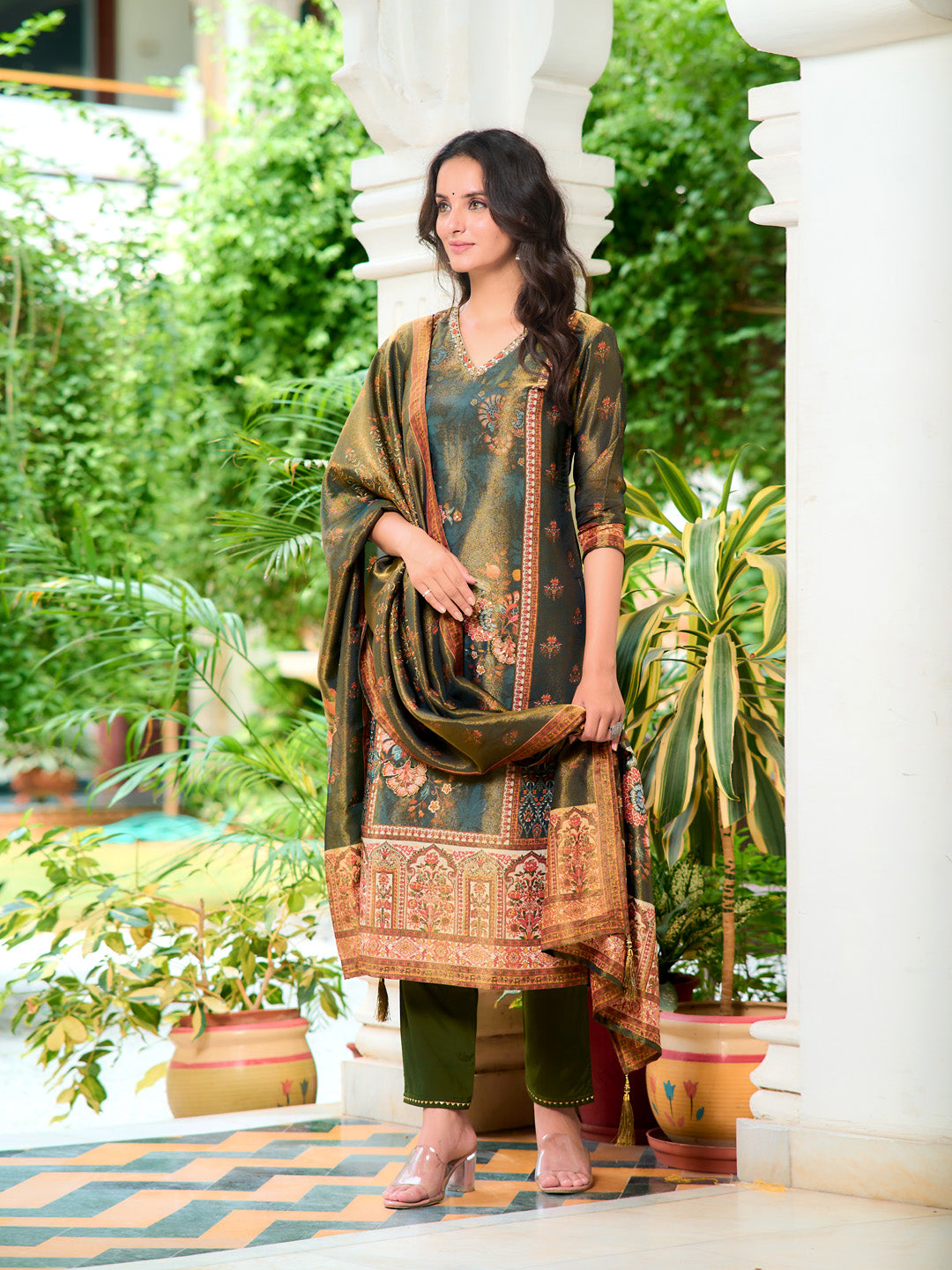 Hand Embroidered & Printed Pure Silk Kurta with pant & Printed Dupatta