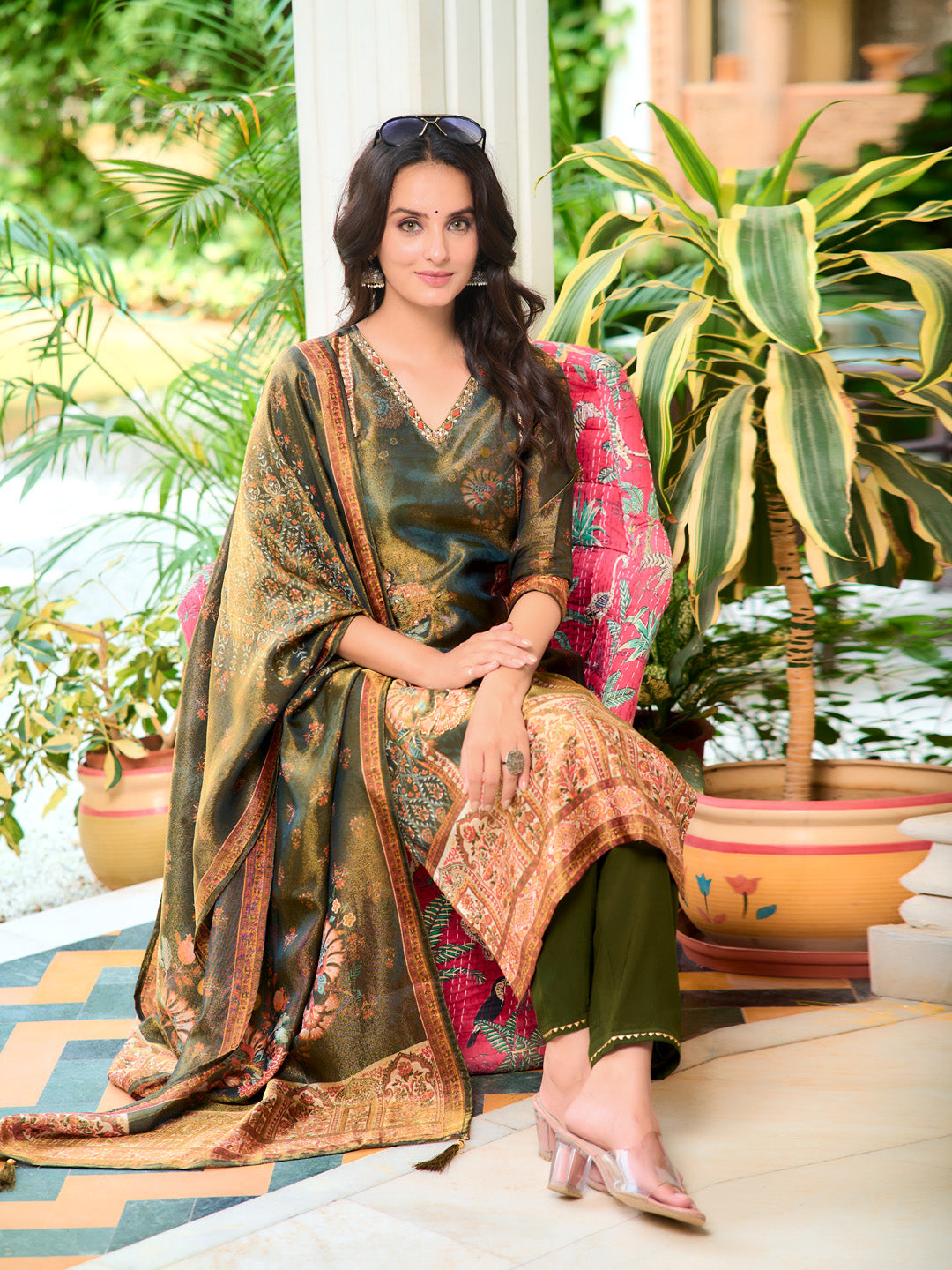 Hand Embroidered & Printed Pure Silk Kurta with pant & Printed Dupatta