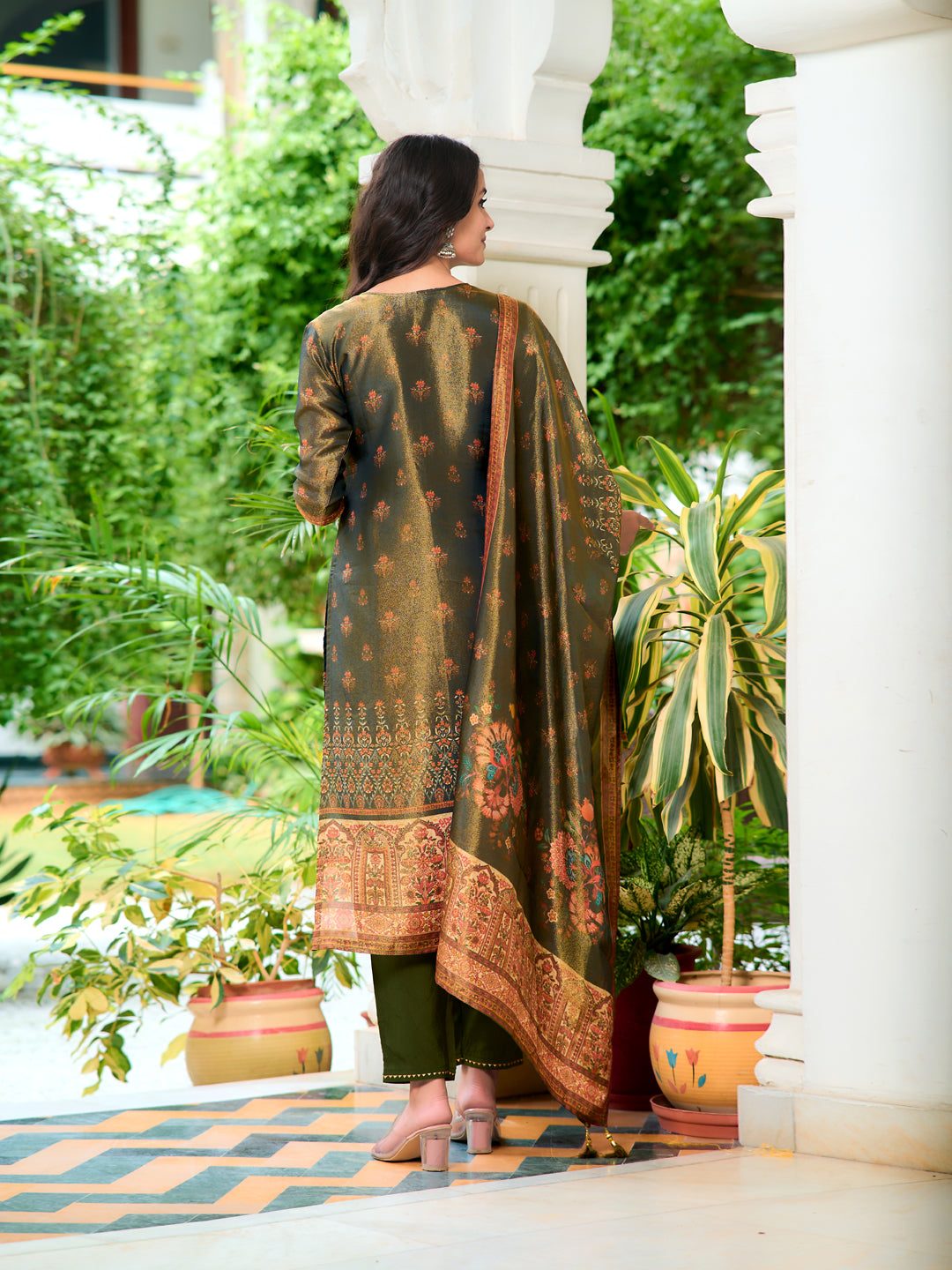 Hand Embroidered & Printed Pure Silk Kurta with pant & Printed Dupatta