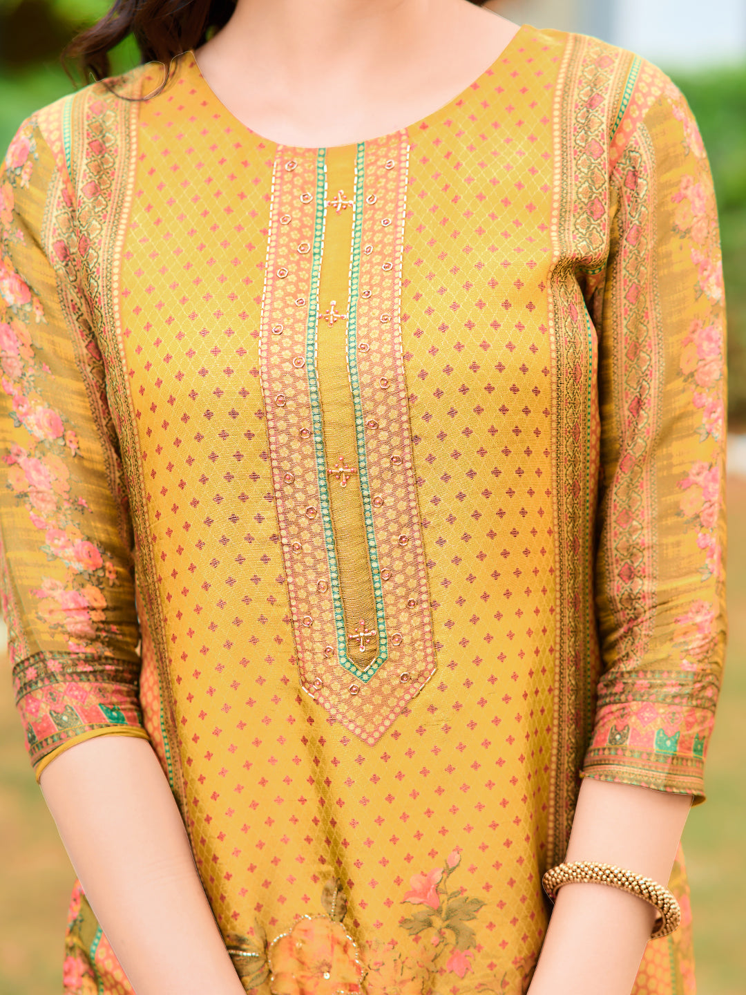 Hand Embroidered & Printed Pure Silk Kurta with pant & Printed Dupatta