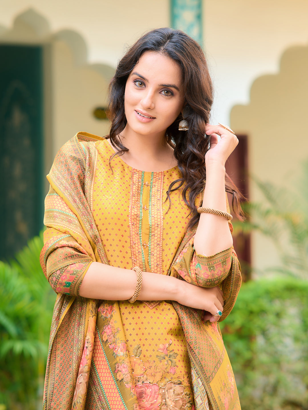 Hand Embroidered & Printed Pure Silk Kurta with pant & Printed Dupatta