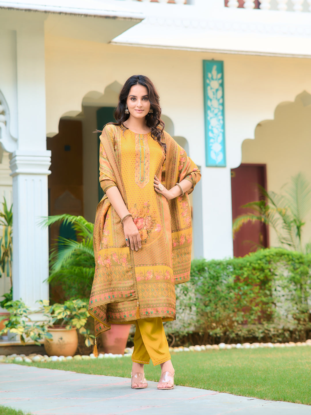 Hand Embroidered & Printed Pure Silk Kurta with pant & Printed Dupatta