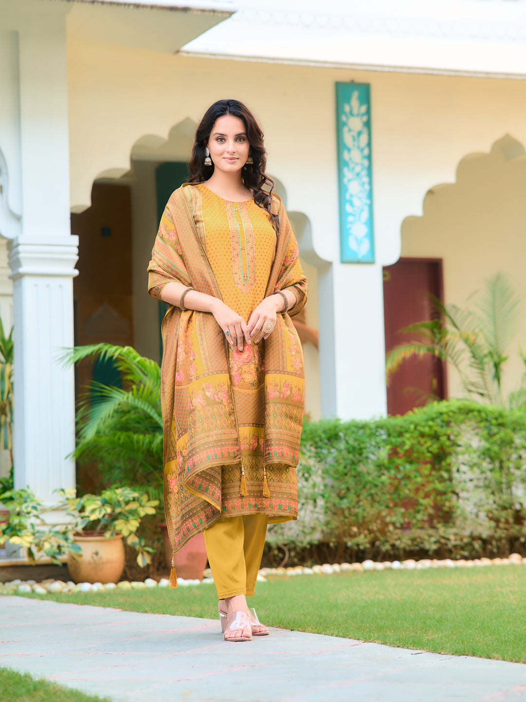 Hand Embroidered & Printed Pure Silk Kurta with pant & Printed Dupatta