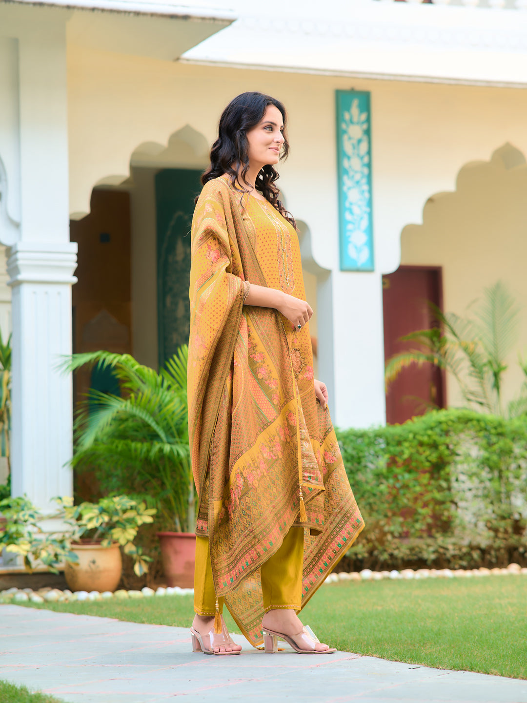 Hand Embroidered & Printed Pure Silk Kurta with pant & Printed Dupatta