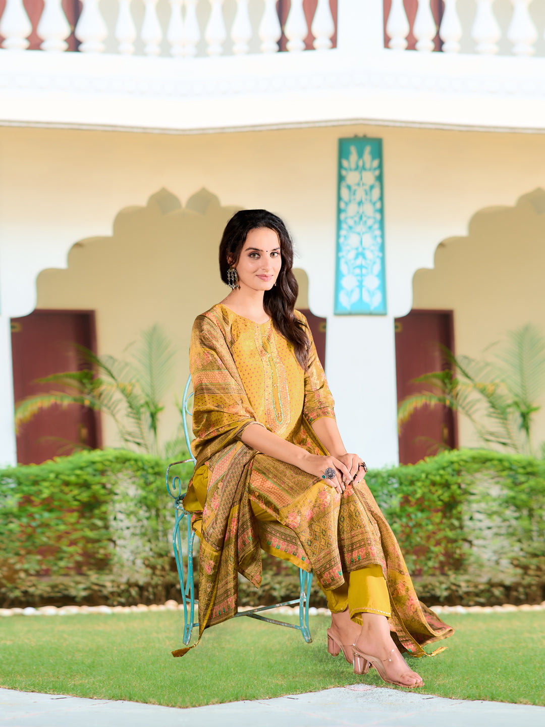 Hand Embroidered & Printed Pure Silk Kurta with pant & Printed Dupatta