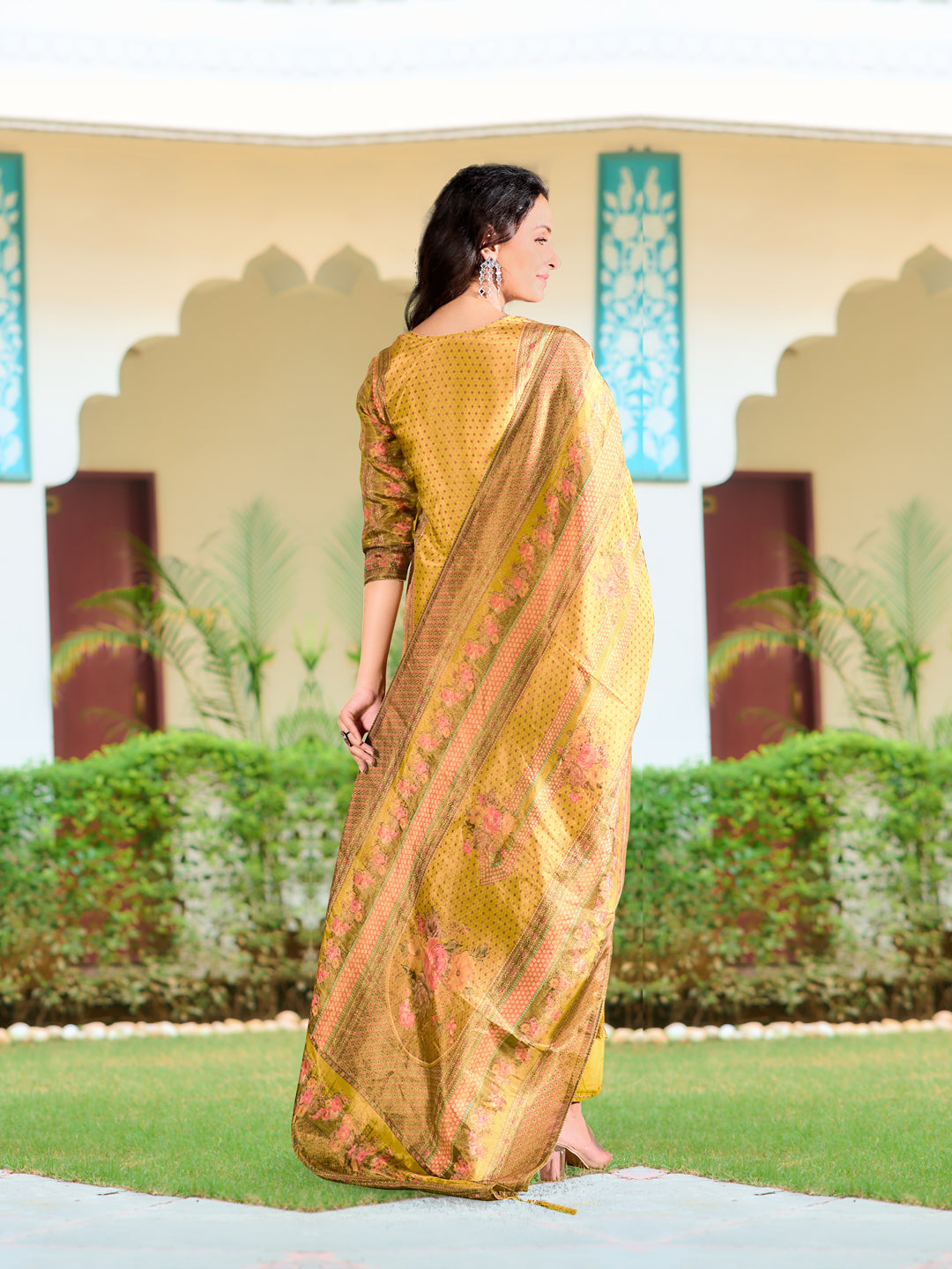 Hand Embroidered & Printed Pure Silk Kurta with pant & Printed Dupatta