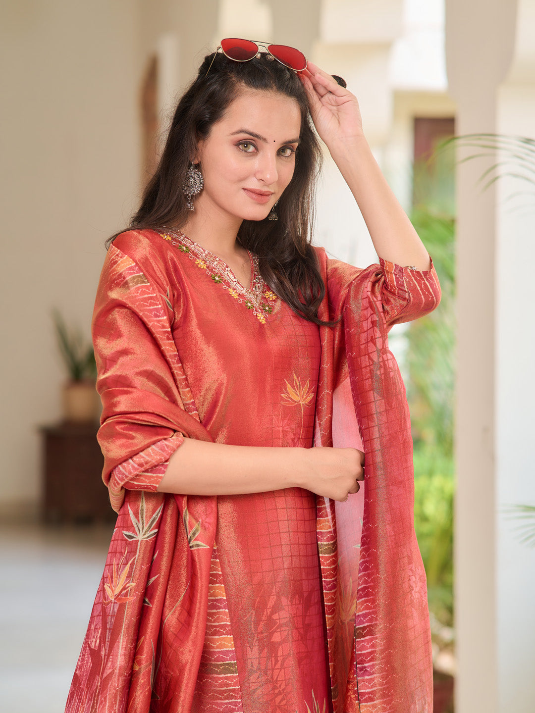 Hand Embroidered & Printed Pure Silk Kurta with pant & Printed Dupatta