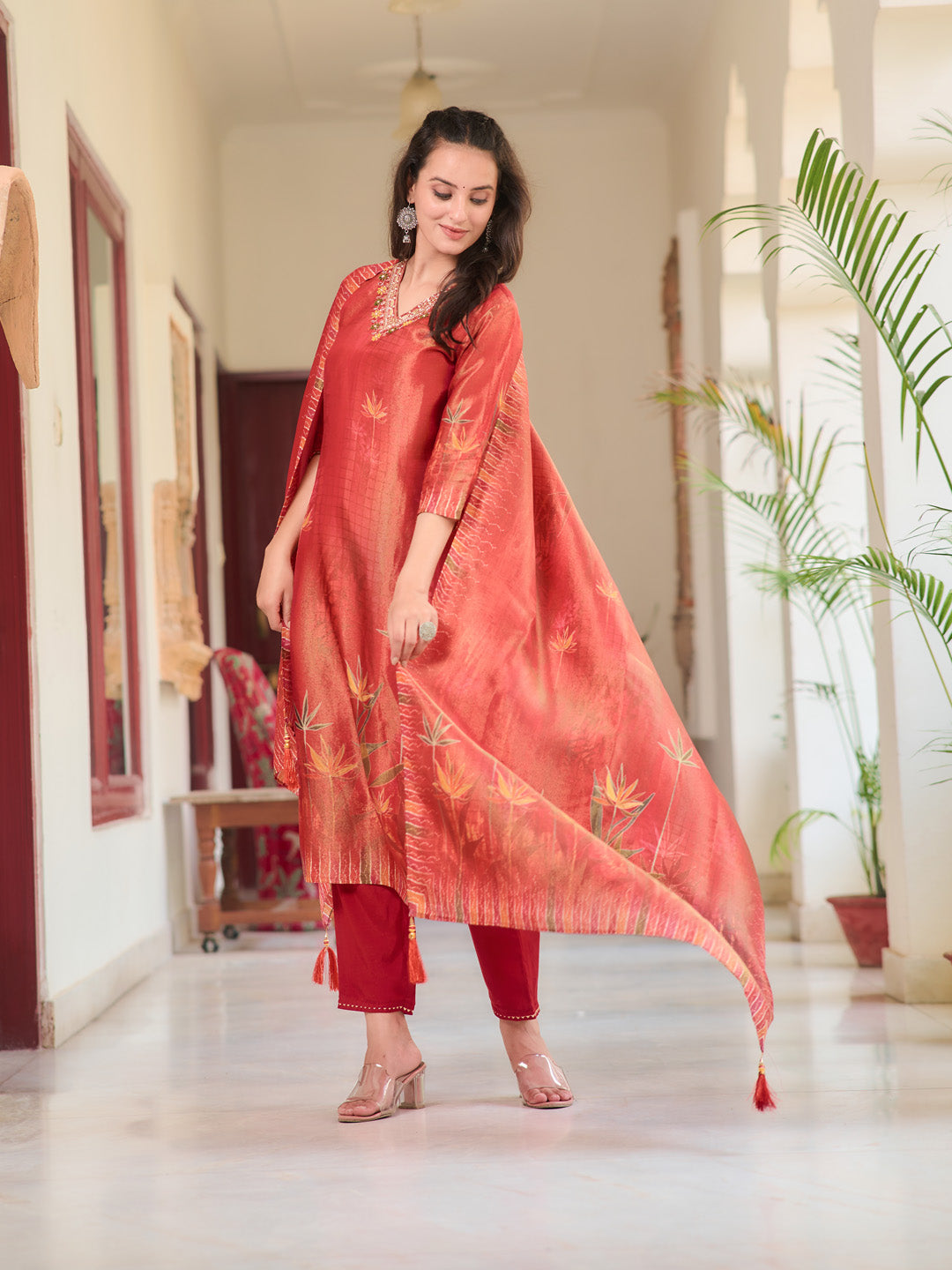 Hand Embroidered & Printed Pure Silk Kurta with pant & Printed Dupatta