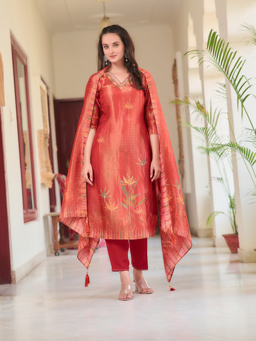 Hand Embroidered & Printed Pure Silk Kurta with pant & Printed Dupatta