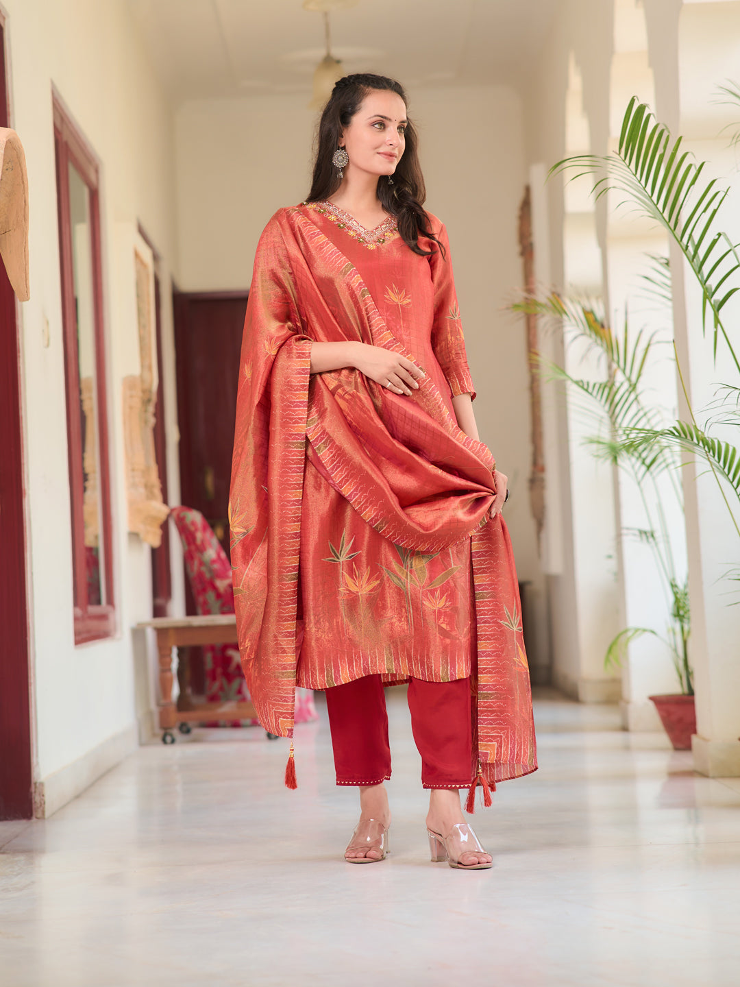 Hand Embroidered & Printed Pure Silk Kurta with pant & Printed Dupatta