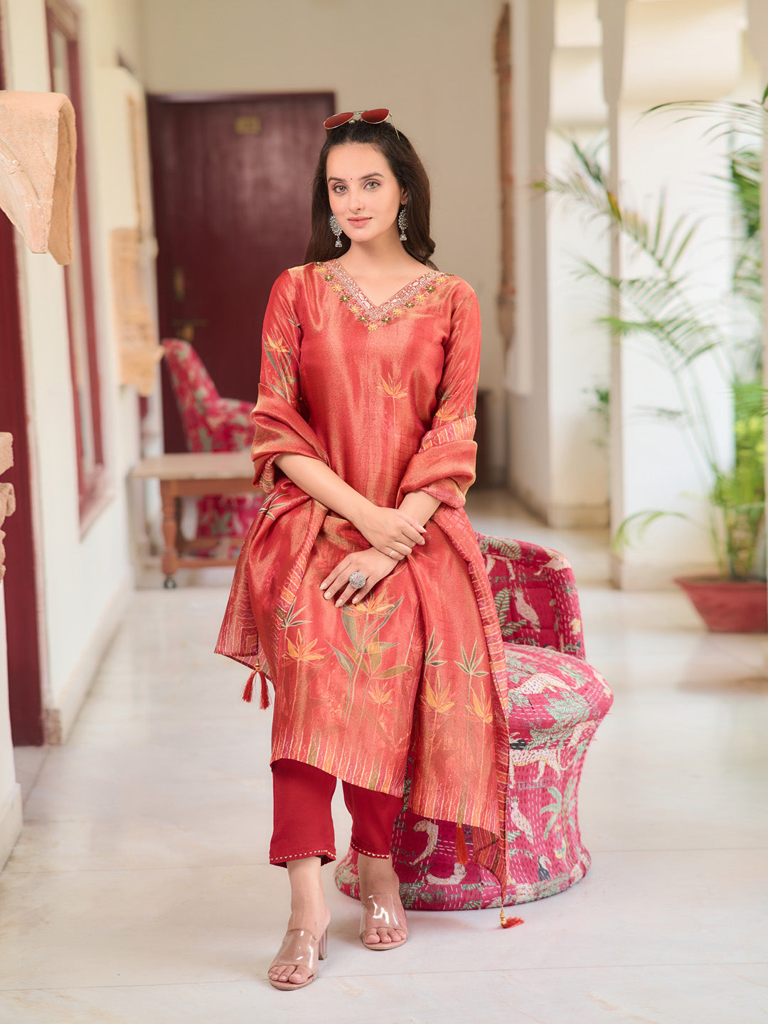 Hand Embroidered & Printed Pure Silk Kurta with pant & Printed Dupatta