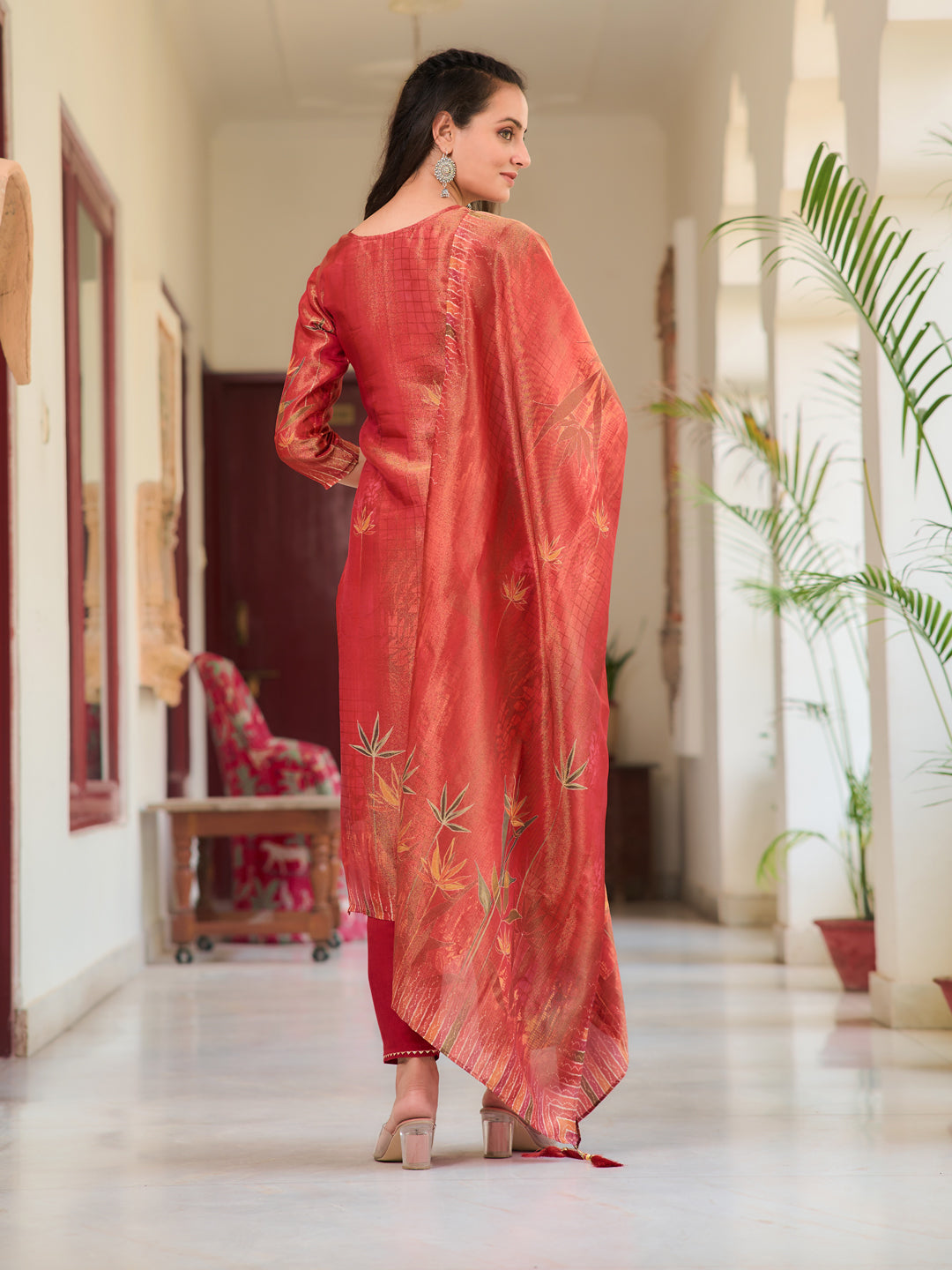 Hand Embroidered & Printed Pure Silk Kurta with pant & Printed Dupatta