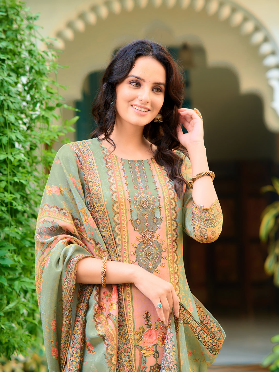 Hand Embroidered & Printed Pure Silk Kurta with pant & Printed Dupatta