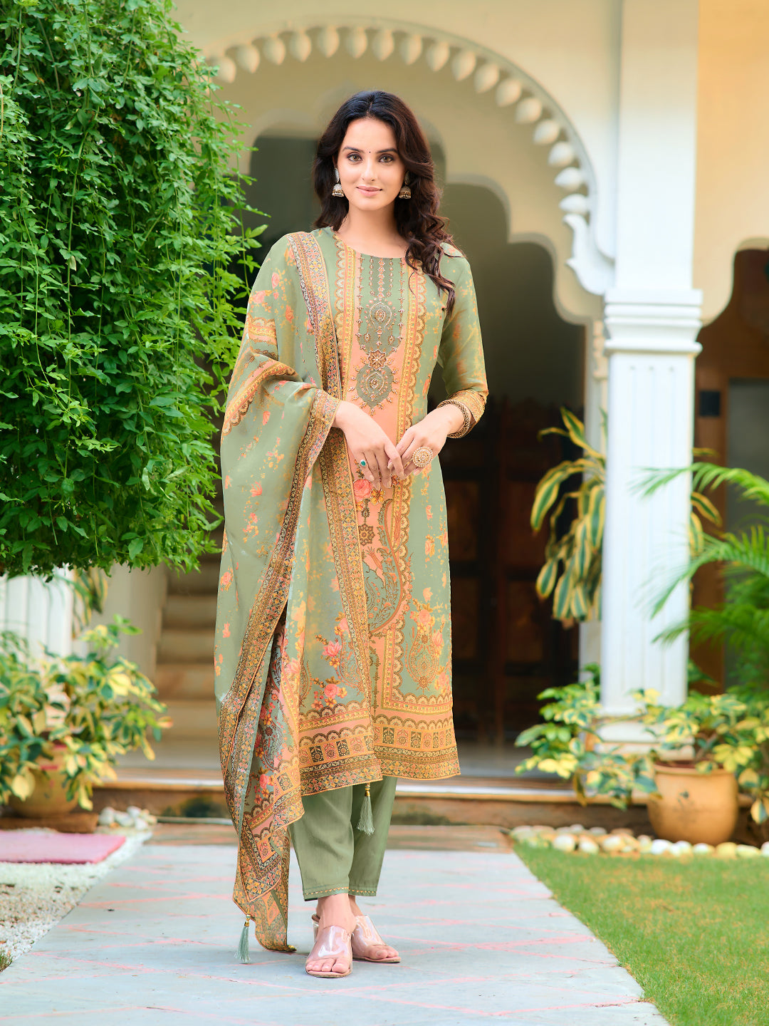 Hand Embroidered & Printed Pure Silk Kurta with pant & Printed Dupatta