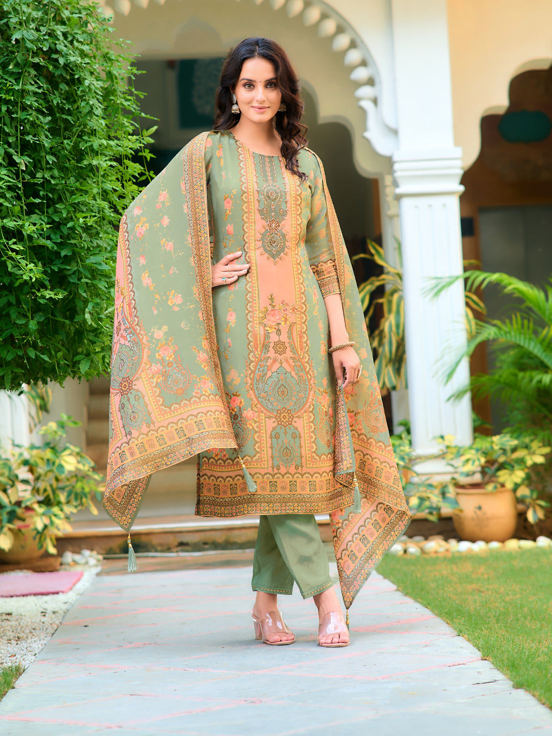 Hand Embroidered & Printed Pure Silk Kurta with pant & Printed Dupatta