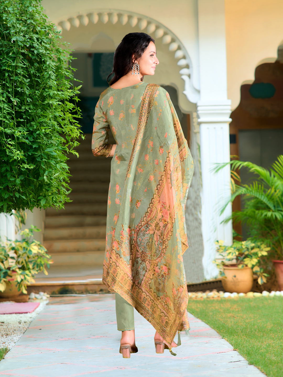 Hand Embroidered & Printed Pure Silk Kurta with pant & Printed Dupatta