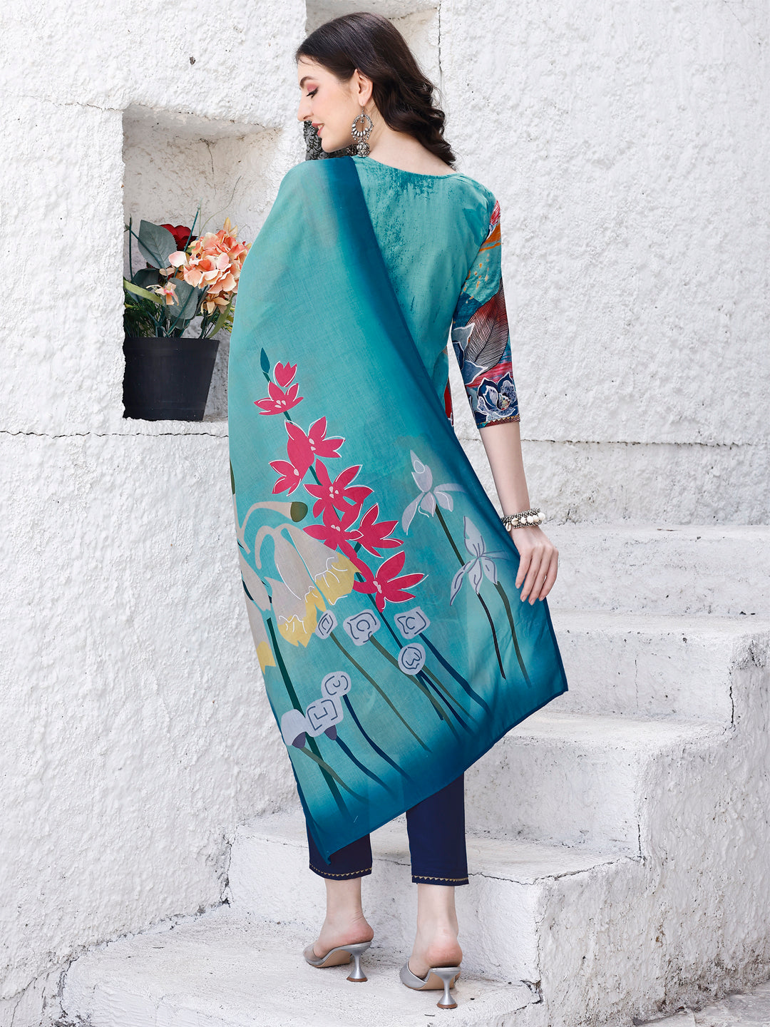 Embroidered & Floral Printed Kurta with Pant & Printed Dupatta Premium Luxury