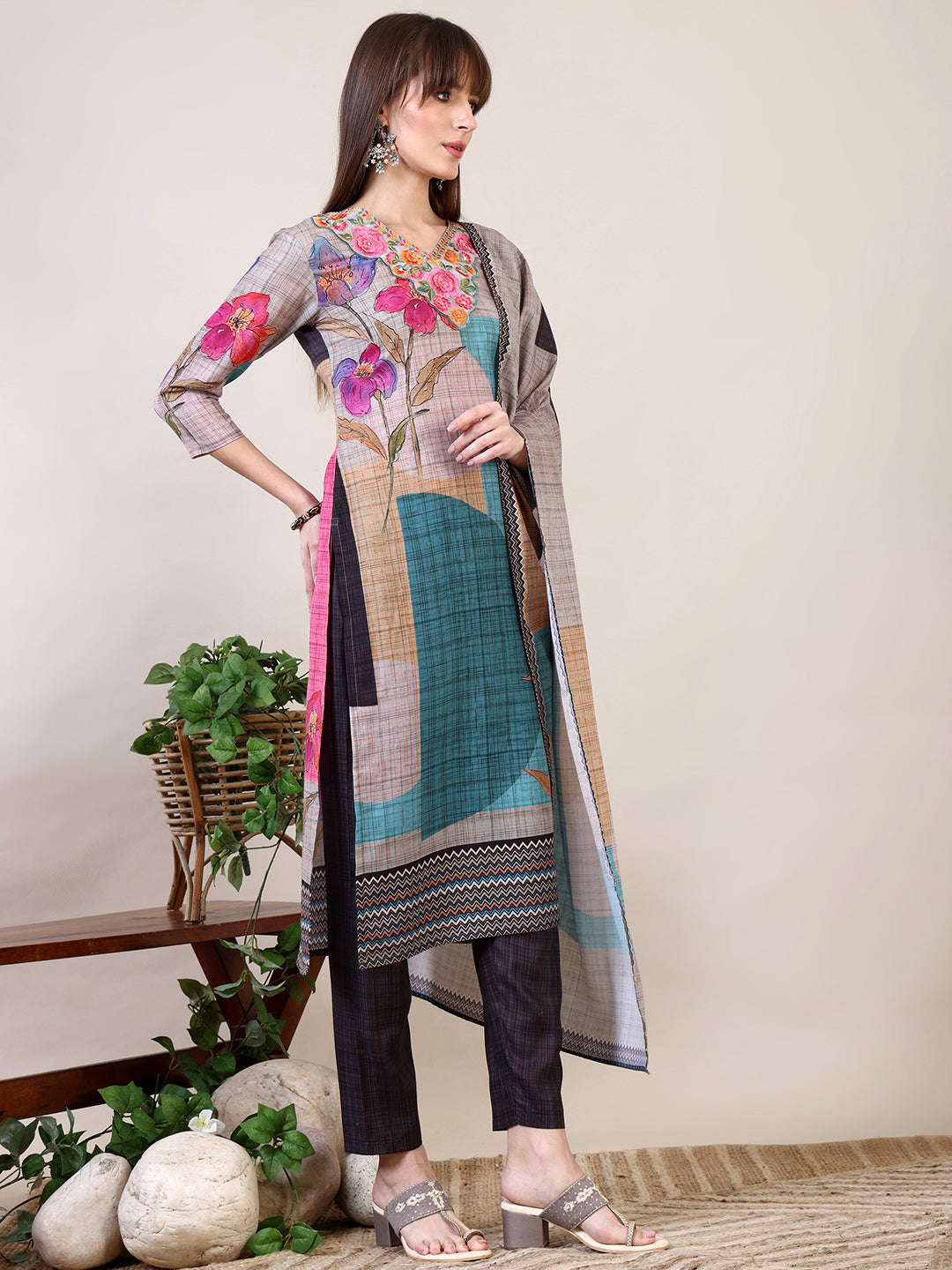 Embroidered & Printed Kurta with Pant & Dupatta