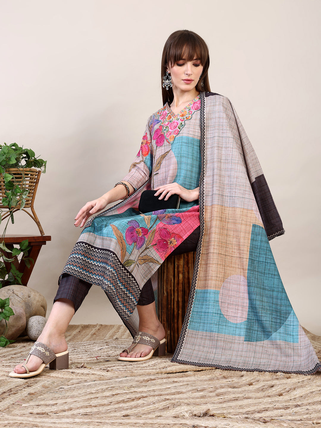 Embroidered & Printed Kurta with Pant & Dupatta