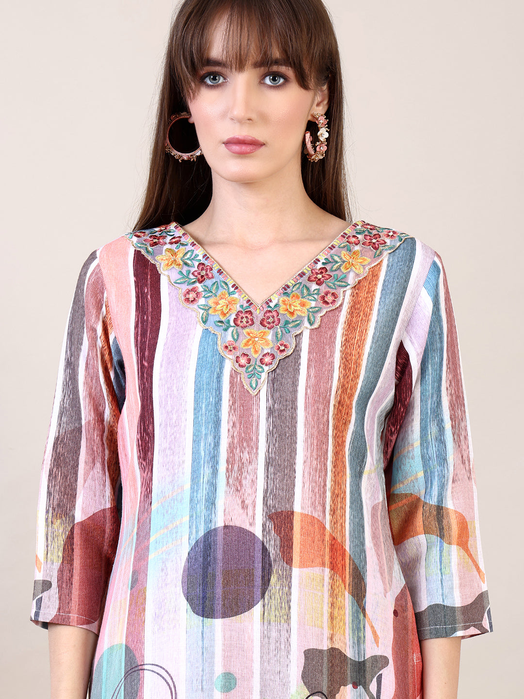 Embroidered & Striped Floral Printed Kurta with Pant & Dupatta